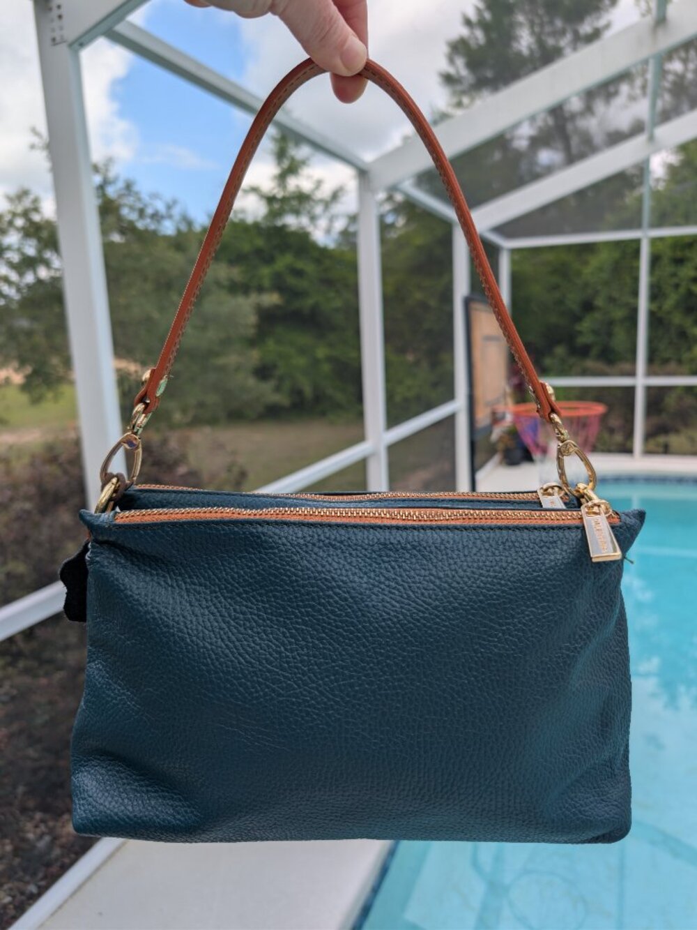 Valentina Italian Leather Triple Zip Purse Bag Old Money Forest Green & Tan NWT